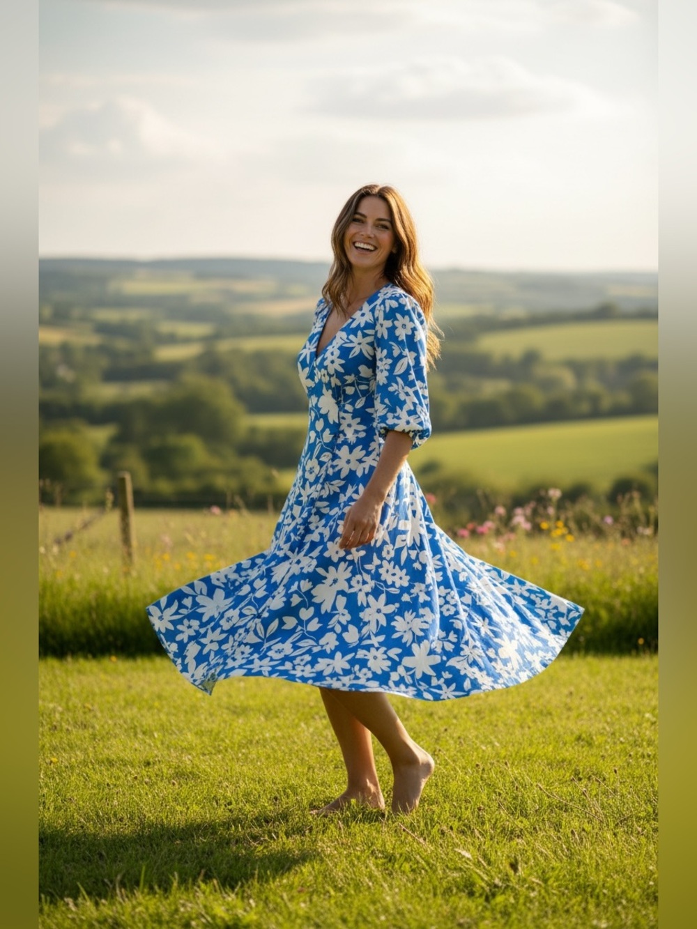New Look Blue and White Puff Sleeve Maxi Sundress